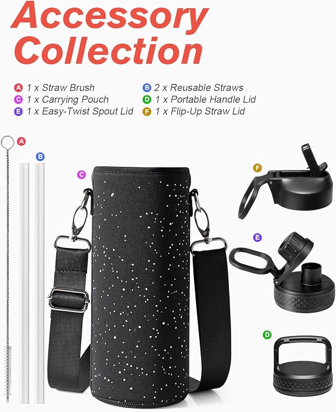 Coolflask Water Bottle 40 oz Insulated with Straw, Stainless Steel Metal 3 Lids Water Flask for Sports or Office, Keep Cold 48H Hot 24H, Starry Night