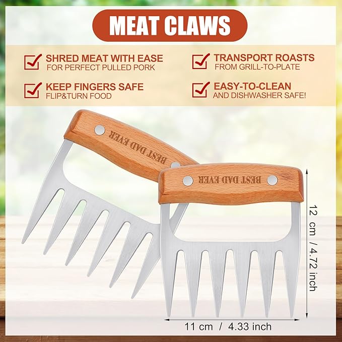 Newtay 8 Pcs Meat Claws for Pulled Pork Smoker Accessories Gifts for Men Dad Meat Claws for Shredding Xmas Stocking Stuffers Brush Grilling Gift with Gift Box, Grill BBQ Gloves, Thermometer, Timer