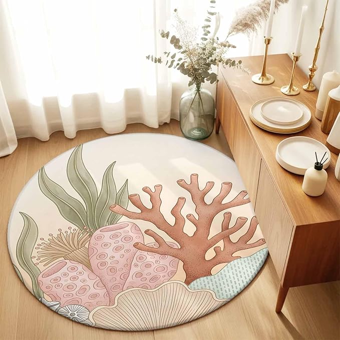 Washable Round Area Rug Ocean Coral Seaweed Shell Reef Circle Rugs Floor Carpet for Living Room Bedroom, Watercolor Marine Theme Soft Non Slip Round Rug 5ft