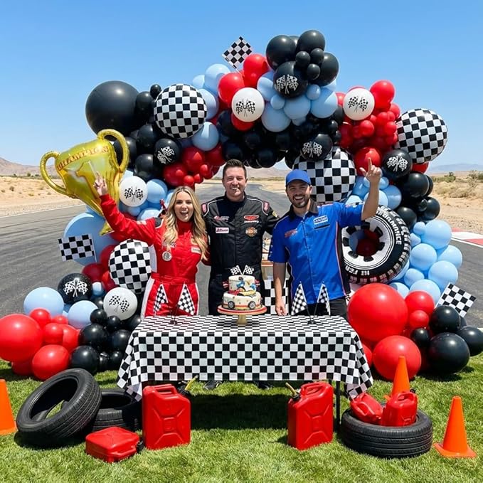 Race Car Balloons Arch Kit -162Pcs Trophy, Flags, Tire, Checkered, Wheels and Red Black Blue Balloon Garland Kit for Racing Car Theme Two Fast 2nd One Theme 1st Boy Birthday Party Decorations