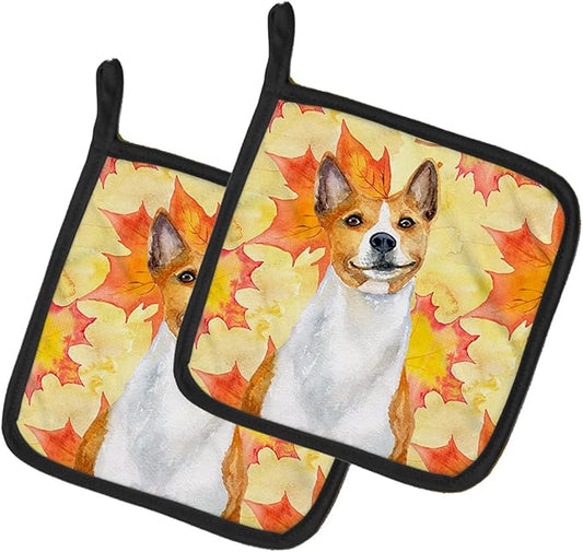 Caroline's Treasures BB9953PTHD Basenji Fall Pair of Pot Holders, Yellow Kitchen Heat Resistant Pot Holders Sets Oven Hot Pads for Cooking Baking BBQ, 7 1/2 x 7 1/2