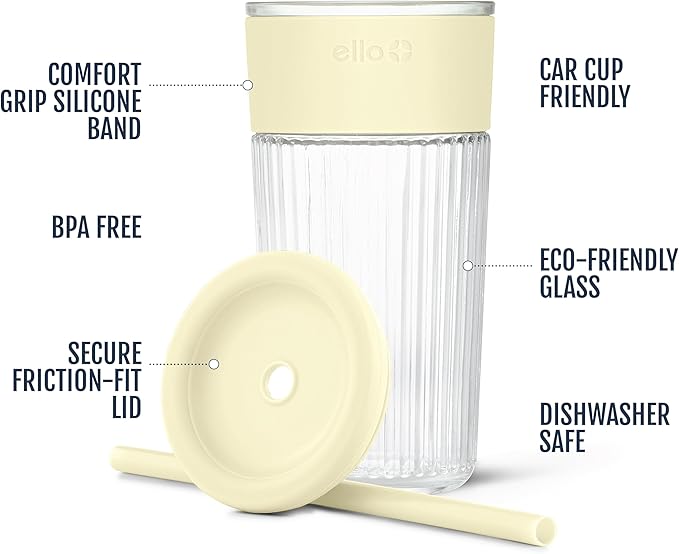 Ello Ava 18oz Glass Tumbler with Straw and Lid | Premium Ribbed Glass with Silicone Grip, Car Cup Friendly, Dishwasher Safe, BPA Free | Iced Coffee, Water, Matcha, Juice Cup | Lemon