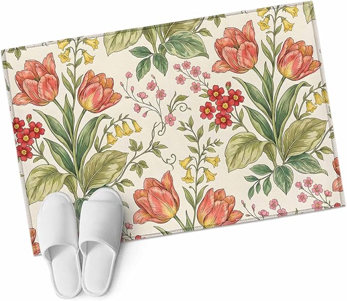 Area Rug 2x3ft, Vintage Tulips Red Daisies Washable Rugs for Living Room Bedroom, Yellow Blooms Floral Pattern Soft Non-Slip Area Rugs Rectangle Floor Carpet for Dining Room