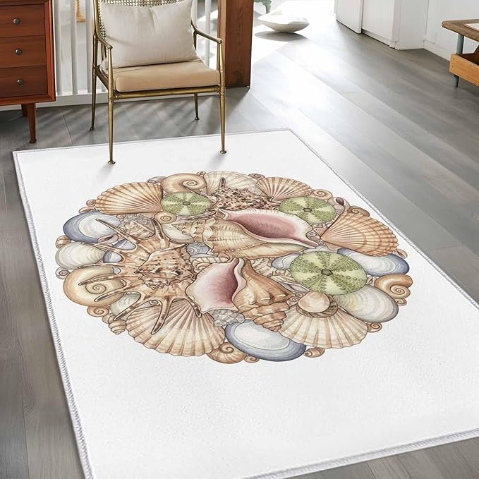 Area Rug 3x5ft, Coastal Colorful Shell Conch Washable Rugs for Living Room Bedroom, Modern Abstract Art Soft Non-Slip Area Rugs Rectangle Floor Carpet for Dining Room