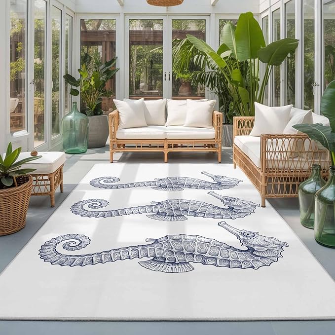 Area Rug 3x5ft, Summer Light Blue Seahorse Washable Rugs for Living Room Bedroom, Underwater Ocean Animals Soft Non-Slip Area Rugs Rectangle Floor Carpet for Dining Room