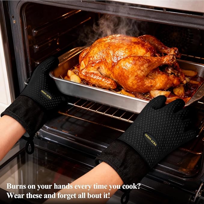 Silicone Smoker Oven Gloves - BBQ Gloves with Sharp Knife, Basting Brush and Sticky Hook.