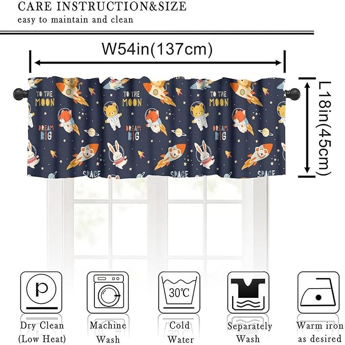 Animal Astronaut Valance, Funny Cartoon Animals Spacemen Rocket Kids Boys Window Treatment for Kitchen Dining Bedroom Nursery Decor, 54x18Inch