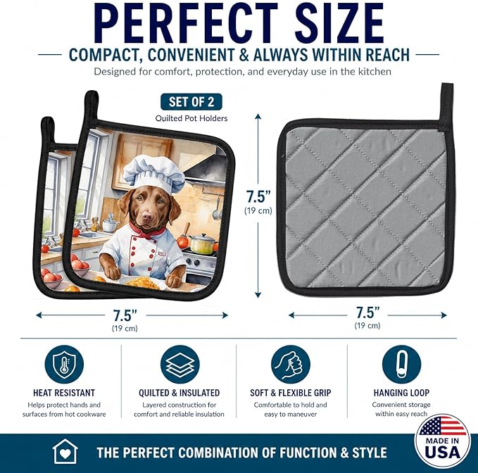 Caroline's Treasures Chesapeake Bay Retriever The Chef Pair of Pot Holders Kitchen Heat Resistant Pot Holders Sets Oven Hot Pads for Cooking Baking BBQ, 7 1/2 x 7 1/2