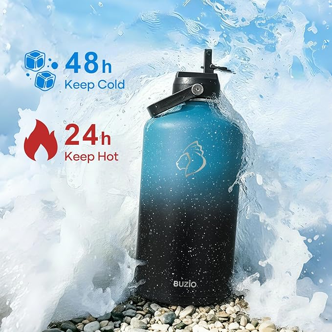 BUZIO 1 Gallon Water Jug with Straw Lid, 128oz Water Bottle Stainless Steel Triple Wall Hydro Jug 18/8 Food Grade Thermo Mug Keep Cold 48H & Hot 24H, Dappled Navy Black