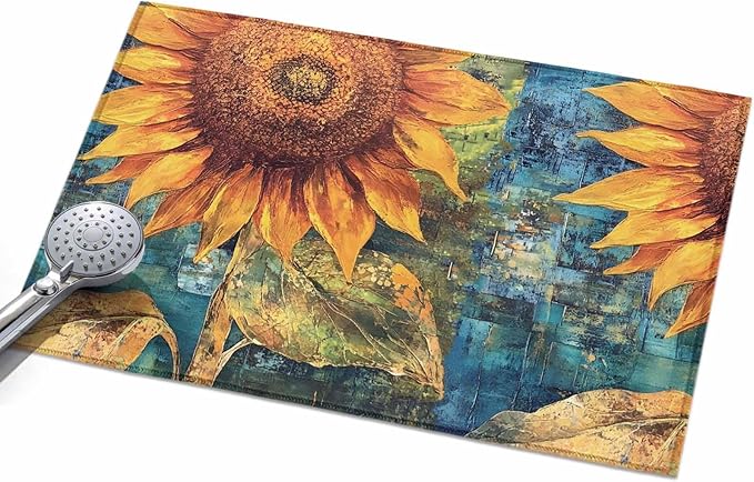 Area Rug 2x3ft, Rustic Golden Sunflower on Teal Blue Washable Rugs for Living Room Bedroom, Abstract Floral Soft Non-Slip Area Rugs Rectangle Floor Carpet for Dining Room