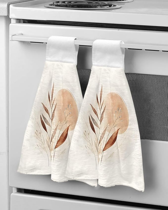 Alandar Home Kitchen Tie Towel Set of 1, Bohemian Color Block Abstract Leaf Absorbent Soft Hand Towels for Bathroom Hanging Towels, Nordic Minimalist Style Fast Drying Cleaning Cloth with Loop