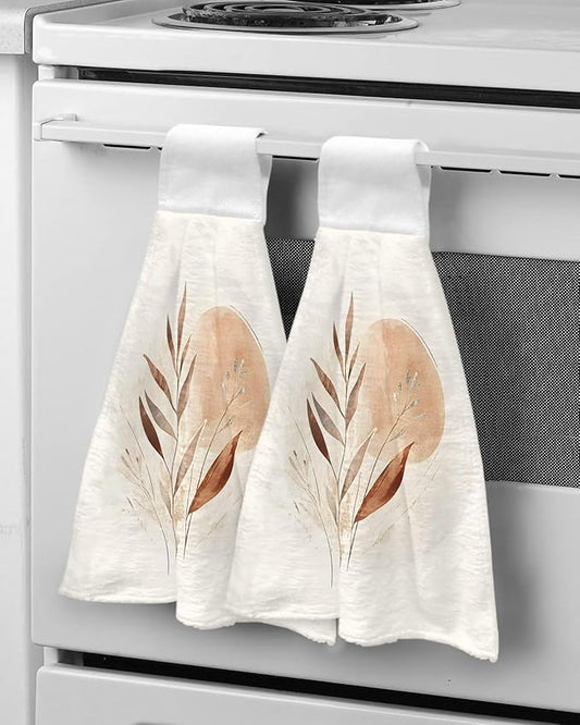 Alandar Home Kitchen Tie Towel Set of 2, Bohemian Color Block Abstract Leaf Absorbent Soft Hand Towels for Bathroom Hanging Towels, Nordic Minimalist Style Fast Drying Cleaning Cloth with Loop