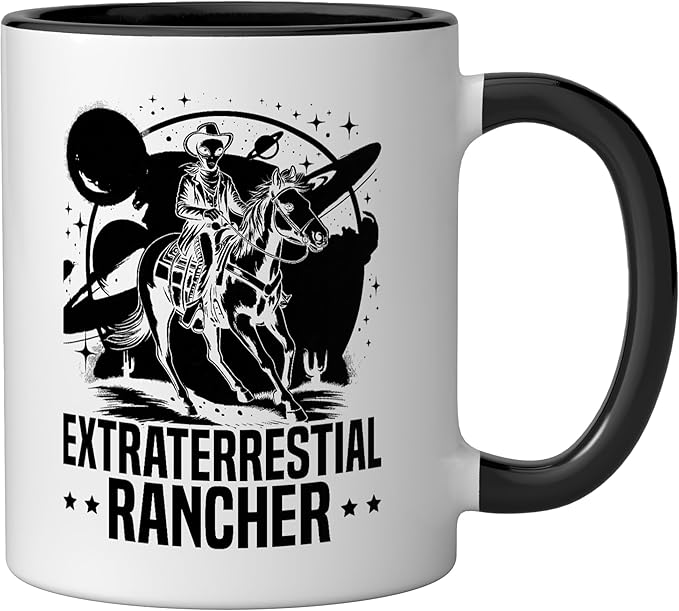 Alien Lover Flying Saucer UFO Extraterrestrial Cowboy Ceramic Mug, Black/White