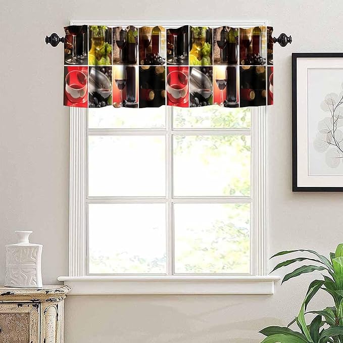 Red Wine Kitchen Valance, Modern Wine Bottle Glass Grape Print Short Window Drapes for Kitchen Dining Resturant Party Bedroom Living Room, 54x18Inch