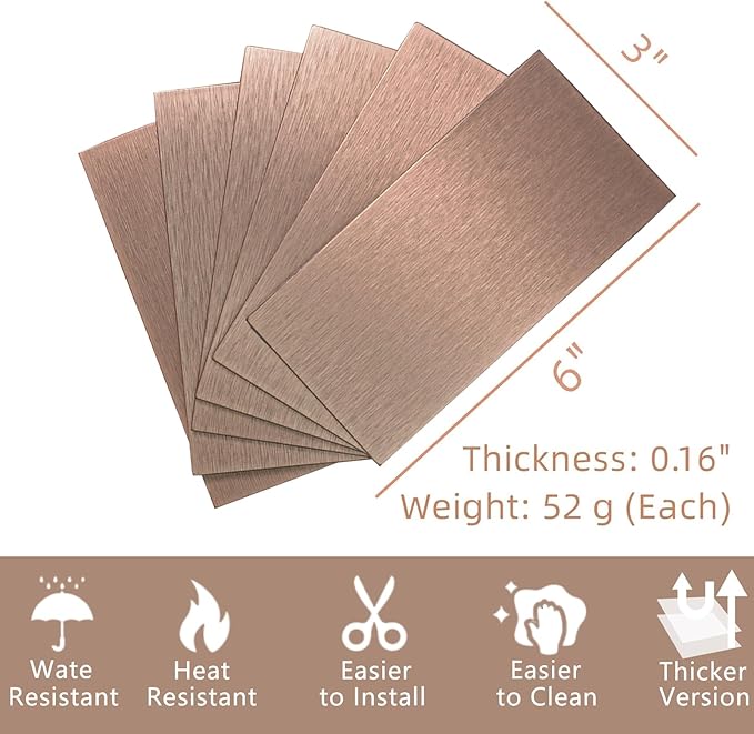 Aluminum Peel and Stick Backsplash Panels - 3"x6" Brushed Copper Kitchen Wall Decor, 80-Piece
