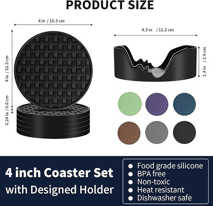 6 Pcs Black Silicone Coasters for Drinks, 4 Inch Heat-Resistant Non-Slip Waterproof Cup Mats, Durable Table Protection Pads for Coffee Mugs & Cups, Home Kitchen Office Decor, Housewarming Gift
