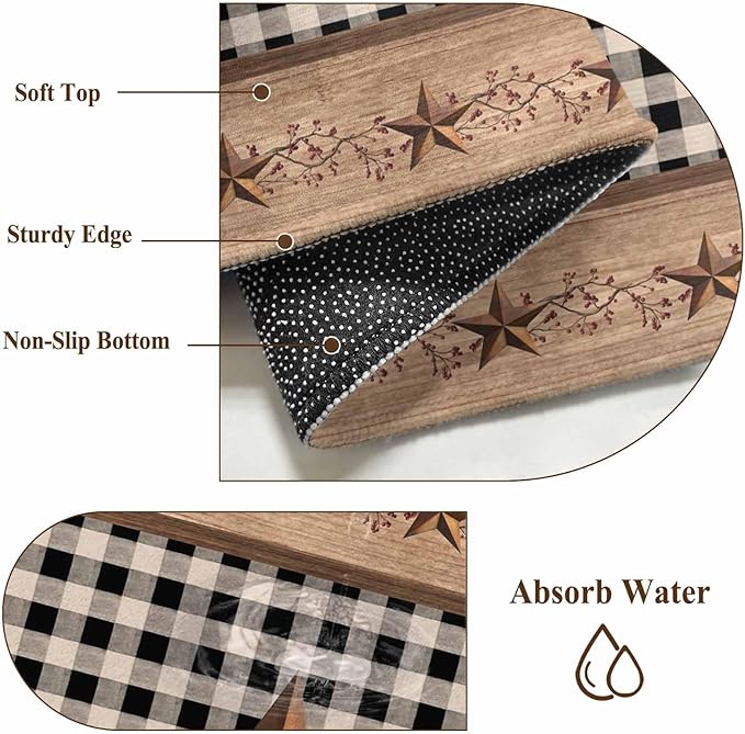 Brown Texas Star Retro 2x3 Door Mat Rug, Country Star Non-Skid Rubber Backing Large Rectangle Rugs - Living Room Bedroom Home Office, Black White Plaid Wooden Indoor Floor Mat Carpets Washable Rug