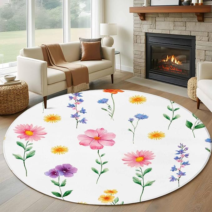 Washable Round Area Rug Watercolor Farmhouse Flower Circle Rugs Floor Carpet for Living Room Bedroom, Yellow Pink Purple Blue Floral Soft Non Slip Round Rug 5ft