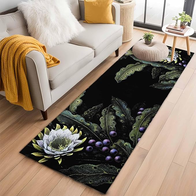 Runner Rug for Bedroom Hallway, Watercolor Flower Berry Leaves Kitchen Runner Rugs Area Rug 2x6ft, Botanical Plant Dark Style Washable Soft Floor Carpet for Entryway Stair