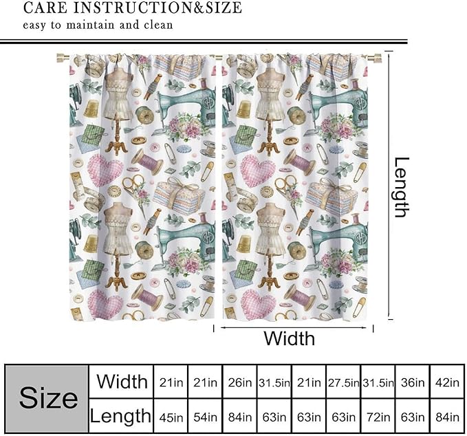 Sewing Theme Window Curtain,Vintage Sewing Machine Tool Watercolor Pattern Print Blackout Curtains for Bedroom Cafe Dining Room Office Living Room Kitchen Drapes, 63x63 in