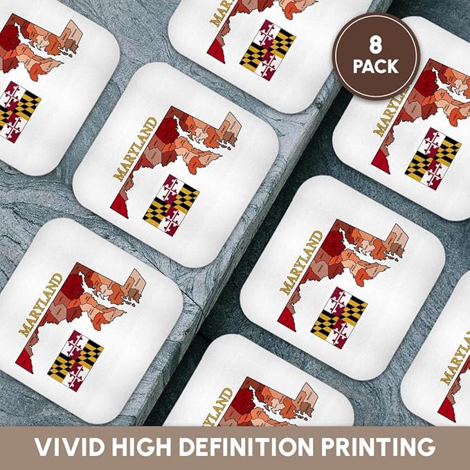 3dRose CST_192453_2 Flag and Map of Maryland with Each County Colored and Labeled Soft Coasters, Set of 8