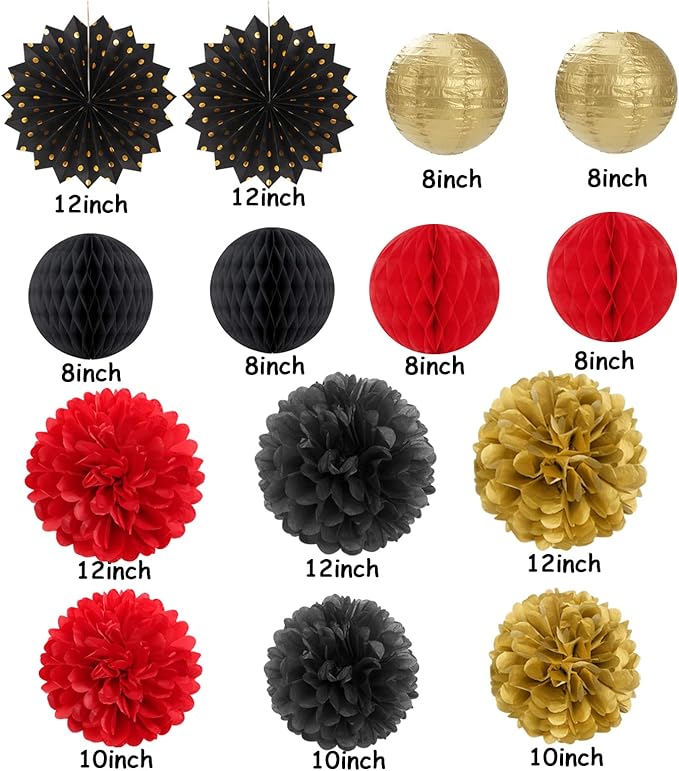Red-Black Gold Party Decorations Streamers Lanterns - 14pcs Casino-Theme Graduation 2026 Paper Fan,Game Night Wedding Birthday Baby Bridal Shower Tissue Pom Poms,Honeycomb Balls Decor Ouruola