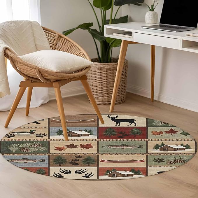 Washable Round Area Rug Vintage Bear Forest Deer Fish Village Circle Rugs Floor Carpet for Living Room Bedroom, Retro Wildlife Themes Soft Non Slip Round Rug 3ft