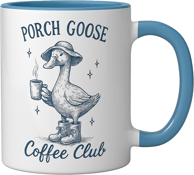 Porch Goose Coffee Club Funny Silly Goose Coffee Lover Ceramic Mug, Blue/White