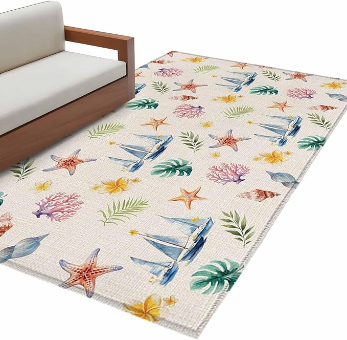 Area Rug 4x6ft, Summer Sea Starfish Sailboat Washable Rugs for Living Room Bedroom, Marine Life Coral on Linen Soft Non-Slip Area Rugs Rectangle Floor Carpet for Dining Room