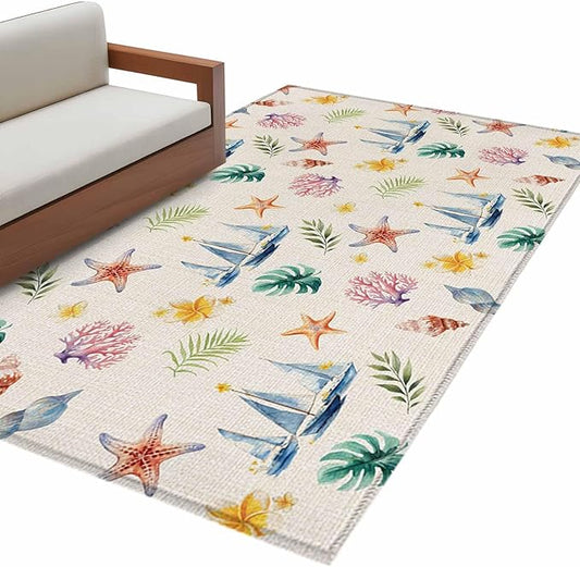 Area Rug 4x6ft, Summer Sea Starfish Sailboat Washable Rugs for Living Room Bedroom, Marine Life Coral on Linen Soft Non-Slip Area Rugs Rectangle Floor Carpet for Dining Room