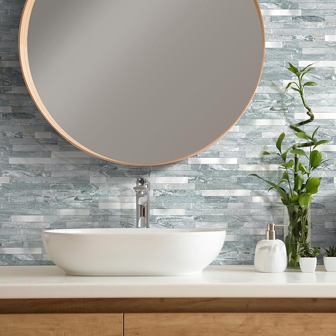 Yipscazo 5 Sheets Peel and Stick Stone Metal Tile Backsplash, Stick on Tiles for Backsplash Kitchen, Bathroom, Laundry Room, Camper, Fireplace (12'' X 12'', Polished Cyan)
