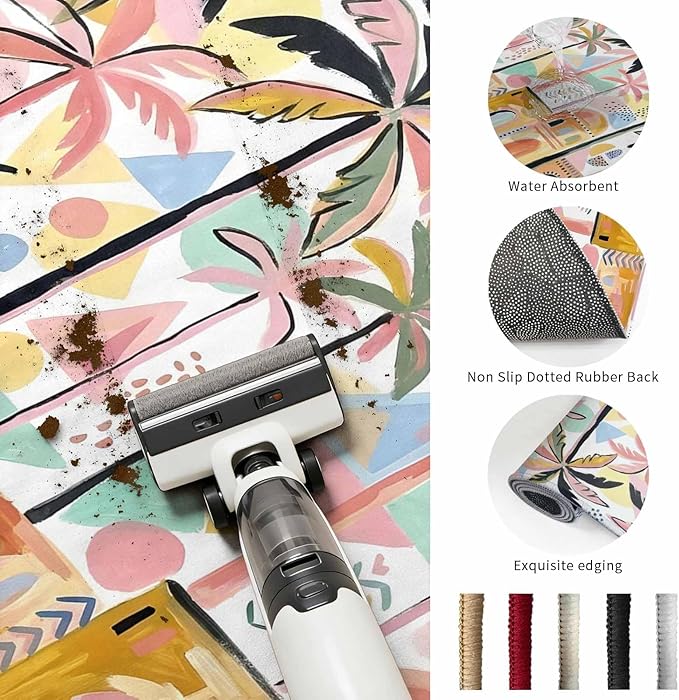 Area Rug 2x3ft, Boho Summer Artistic Palm Trees Washable Rugs for Living Room Bedroom, Abstract Buildings Soft Non-Slip Area Rugs Rectangle Floor Carpet for Dining Room