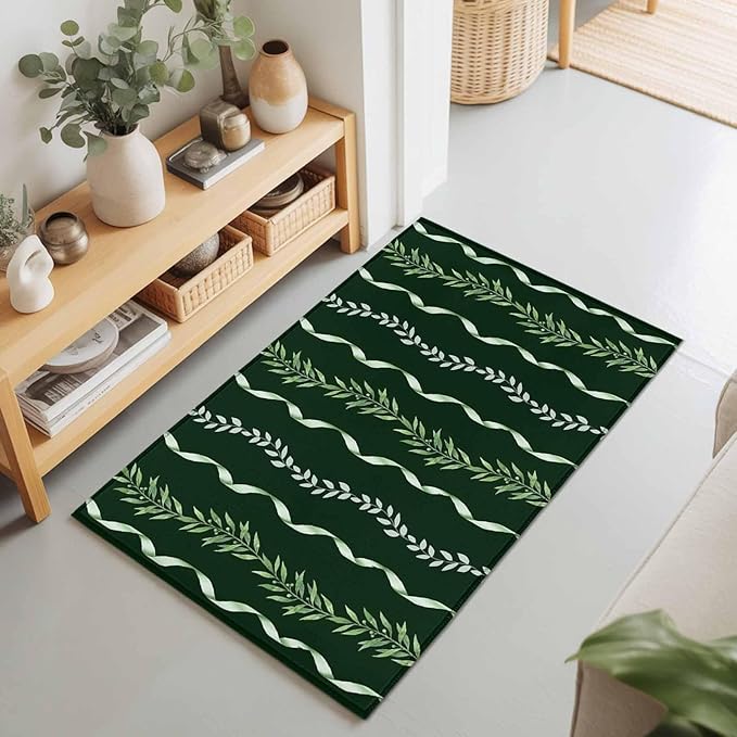 Area Rug 2x3ft, Botanical Leaves Green Ribbons Washable Rugs for Living Room Bedroom, Summer Foliage Plant Soft Non-Slip Area Rugs Rectangle Floor Carpet for Dining Room