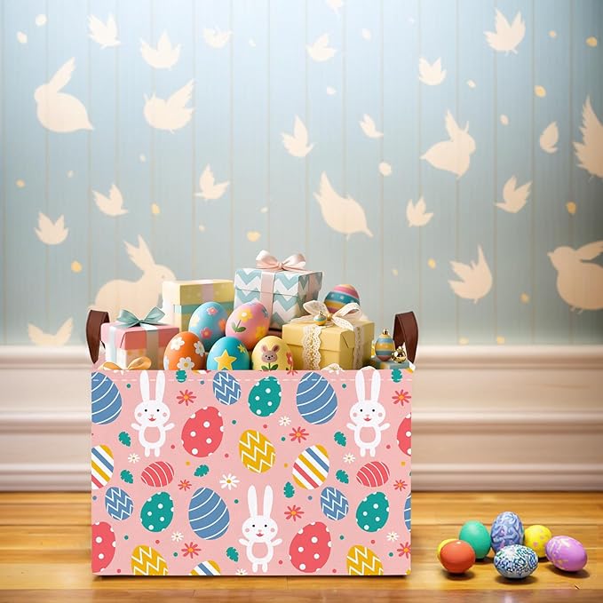 Kid Large Empty Easter Basket Gift Personalized Fabric Bunny Easter Basket for Boy and Girl Room Decor Storage Bin (Rabbit Easter Egg Pink Flower)