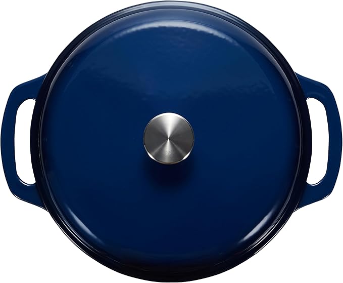 Amazon Basics Enameled Cast Iron Dutch Oven Pot with Lid, Round, Dual Handles, Heavy-Duty, Oven Safe for Baking, Roasting, Stews, 7.3-Quart, Navy