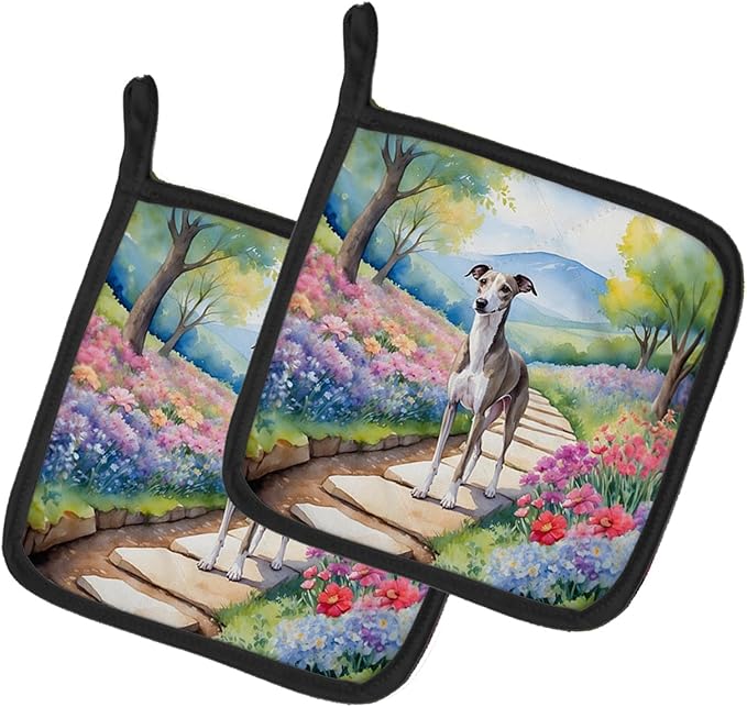 Caroline's Treasures Whippet Spring Path Pair of Pot Holders Kitchen Heat Resistant Pot Holders Sets Oven Hot Pads for Cooking Baking BBQ, 7 1/2 x 7 1/2