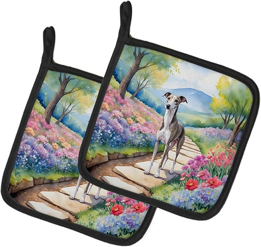 Caroline's Treasures Whippet Spring Path Pair of Pot Holders Kitchen Heat Resistant Pot Holders Sets Oven Hot Pads for Cooking Baking BBQ, 7 1/2 x 7 1/2