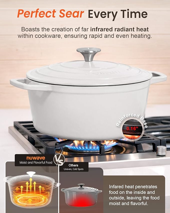Nuwave 6QT Healthy Enameled Cast Iron Dutch Oven Pot with Lid, Heavy Duty 7-Layer Enamel, Enhanced Rust Protection, Dual Handles, Oven Safe to 500°F for Sourdough Bread Baking, Braise, Stew, Roast