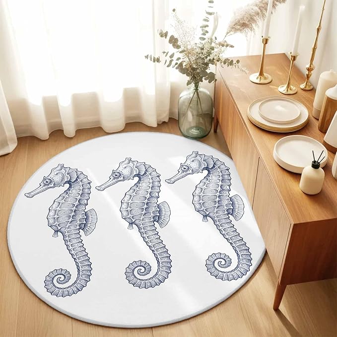 Washable Round Area Rug Summer Light Blue Seahorse Circle Rugs Floor Carpet for Living Room Bedroom, Underwater Ocean Animals Soft Non Slip Round Rug 3ft