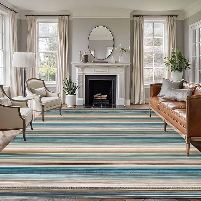 Area Rug 8x10ft, Minimalist Vertical Stripes Washable Rugs for Living Room Bedroom, Retro Boho Lines Soft Non-Slip Area Rugs Rectangle Floor Carpet for Dining Room