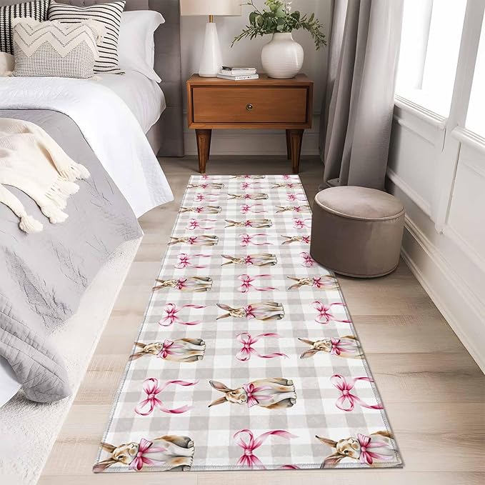 Runner Rug for Bedroom Hallway, Easter Rabbit Pink Bow Kitchen Runner Rugs Area Rug 2x6ft, Seamless Bunny Gray Buffalo Plaid Washable Soft Floor Carpet for Entryway Stair