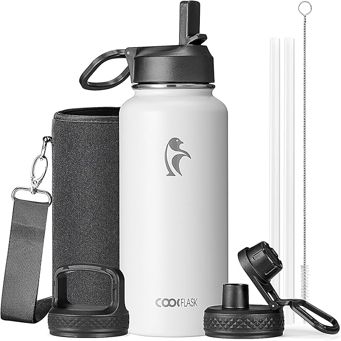 Coolflask Water Bottle 32 oz Insulated with Straw, Stainless Steel Metal 3 Lids Water Flask Wide Mouth for Sports or Office, Non-BPA Keep Cold Up to 48 Hrs or Hot Up to 24 Hrs, White