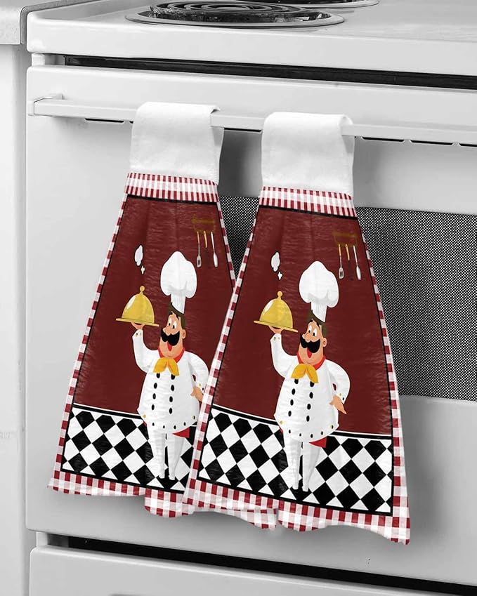 Alandar Home Kitchen Tie Towel Set of 1, Funny Chef Kitchen Tableware Absorbent Soft Hand Towels for Bathroom Hanging Towels, Burgundy Red Black Lattice Fast Drying Cleaning Cloth with Loop