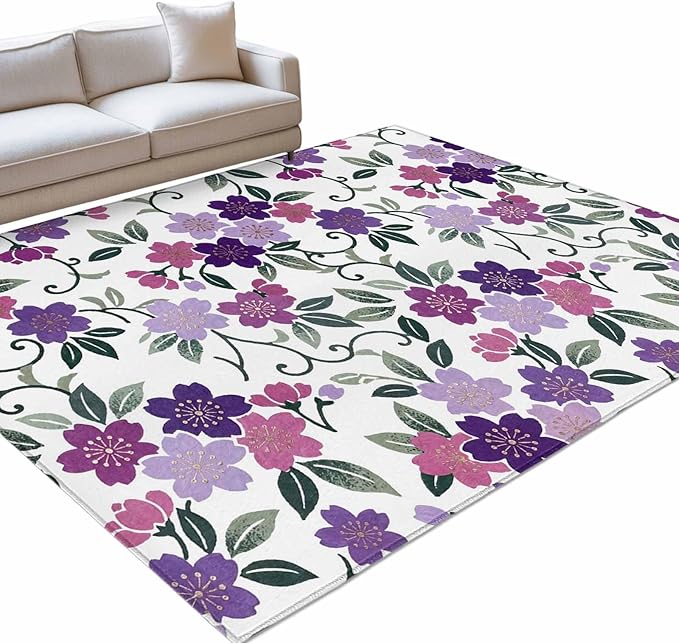 Area Rug 9x12ft, Country Purple Pink Flower Green Leaf Washable Rugs for Living Room Bedroom Rectangle Floor Carpet, Pastoral Floral Plant Soft Non-Slip Area Rugs for Dining Room