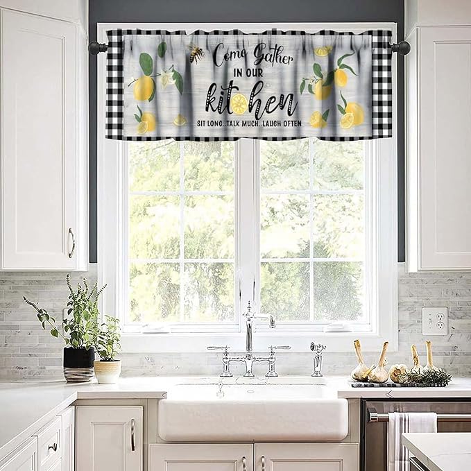 Lemon Kitchen Curtain Valance, Black White Buffalo Plaid Yellow Fruit Print Short Window Drapes for Dining Bedroom Living Room Cafe Resturant, 54x18Inch
