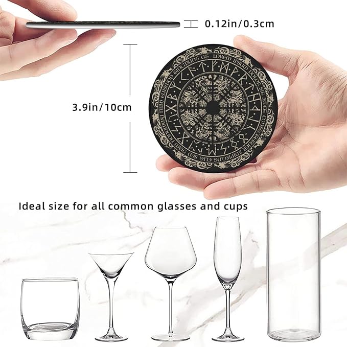 Black Viking Magical Leather Drinks Coasters with Holder, Set of 6, Suitable for Various Cups