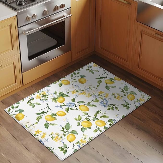 Area Rug 2x3ft, Summer Watercolor Lemon Flower Washable Rugs for Living Room Bedroom, Spring Farm Fruit Green Leaf Soft Non-Slip Area Rugs Rectangle Floor Carpet for Dining Room