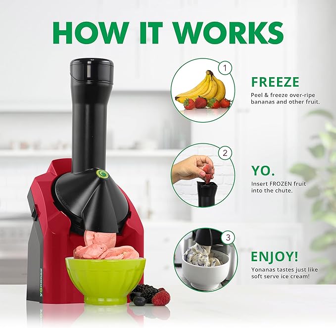 Yonanas Classic Frozen Fruit Soft Serve Maker for Healthy Vegan and Dairy-Free Treats, 200W Red Machine with 36 Recipes, BPA Free, Easy to Clean, Quick and Simple to Use