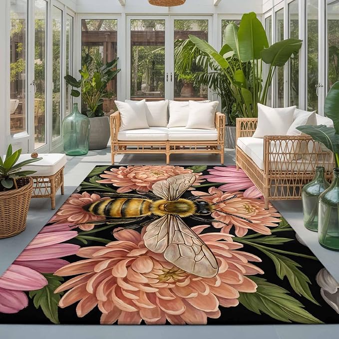 Area Rug 3x5ft, Vintage Honey Gold Bee Pink Flowers Washable Rugs for Living Room Bedroom, Sage Green Leaves Soft Non-Slip Area Rugs Rectangle Floor Carpet for Dining Room