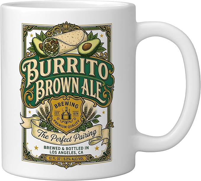 Burrito Brown Ale Mexican Food Retro Funny Beer Label Ceramic Mug, White